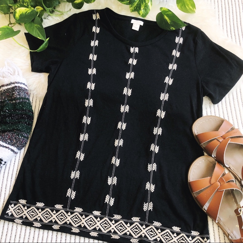J. Crew Black Embroidered Tribal Aztec Print Tee